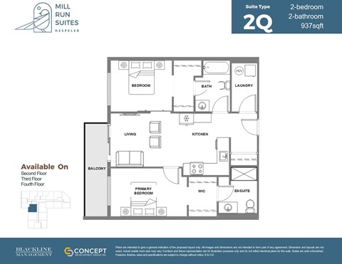 A floor plan for a 2-bedroom, 2-bathroom suite at Mill Run Suites.